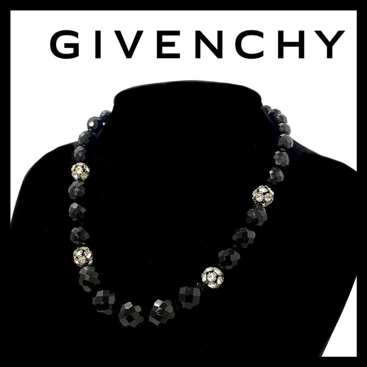 希少 ジバンシー ヴィンテージ ロザリオ パール ラインストーン ペンダント GIVENCHY】ネックレス 破損有 ブラック/黒 ストーン ラインストーン