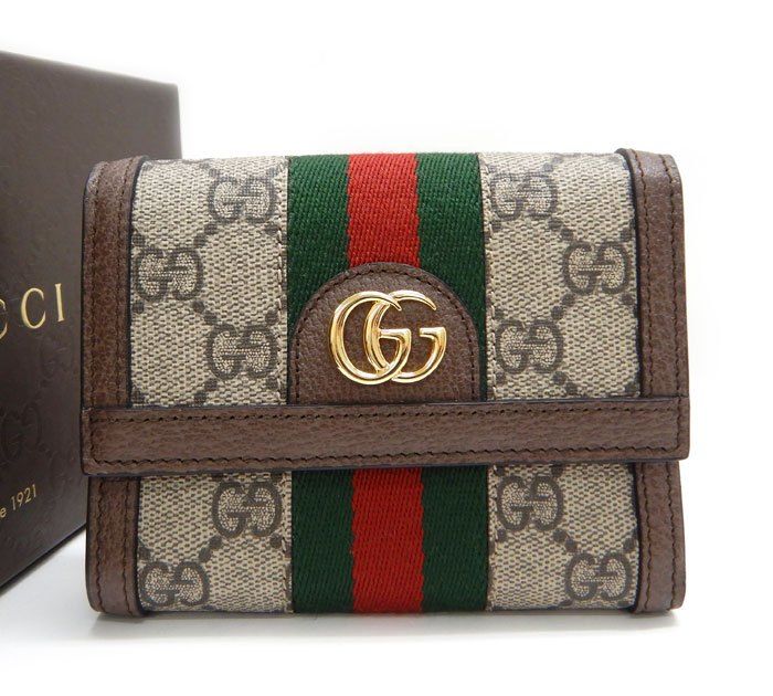 極美品 GUCCI グッチ/625703 オフディア/GG レザー×キャンバス 三つ折り財布/イタリア製 シェリーライン コンパクトウォレット/箱付き 収納袋付き/FB2746