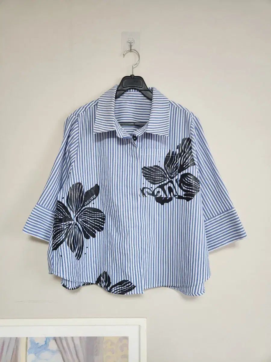 ブルー ストライプ 花柄 半袖 シャツ