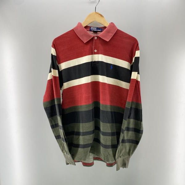 【中古】RALPH LAUREN 90～00s マルチカラー 鹿の子ラガーシャツ レッド×カーキ サイズL ラルフローレン[24]