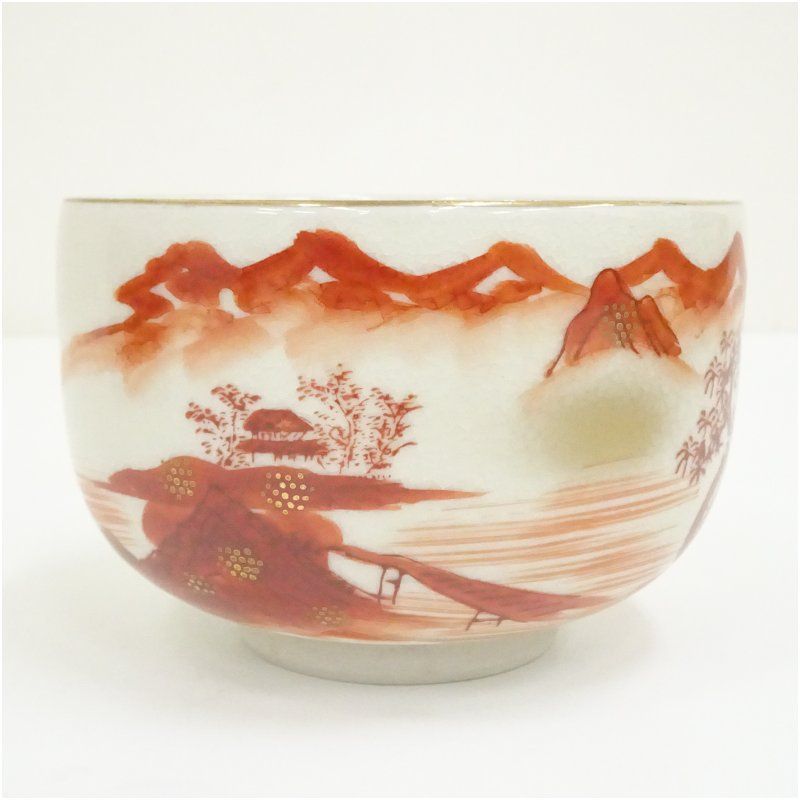 九谷焼 陶山造 赤絵山水図茶碗（共箱） 茶道 抹茶 おしゃれ 抹茶茶碗
