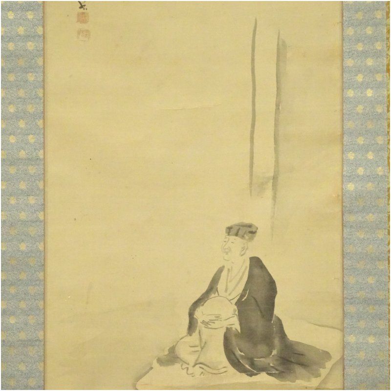 松尾塊亭賛・萍左坊画 松尾芭蕉造 肉筆絹本掛軸 掛け軸 床の間 書