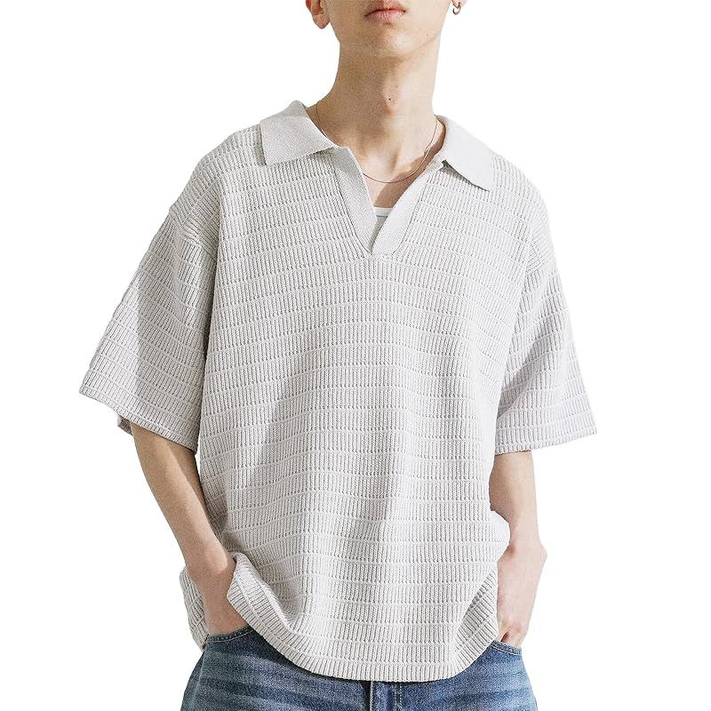【新品】 [n'OrLABEL] オシャレウォーカー【MDRスキッパーニットポロ】ポロニット メンズ ポロシャツ ニット 半袖 無地 トップス スキッパー 編み地 プルオーバー ラフ カジュアル ゆったり 透け感 サマーニット 春 夏（L, ライトグレー）12