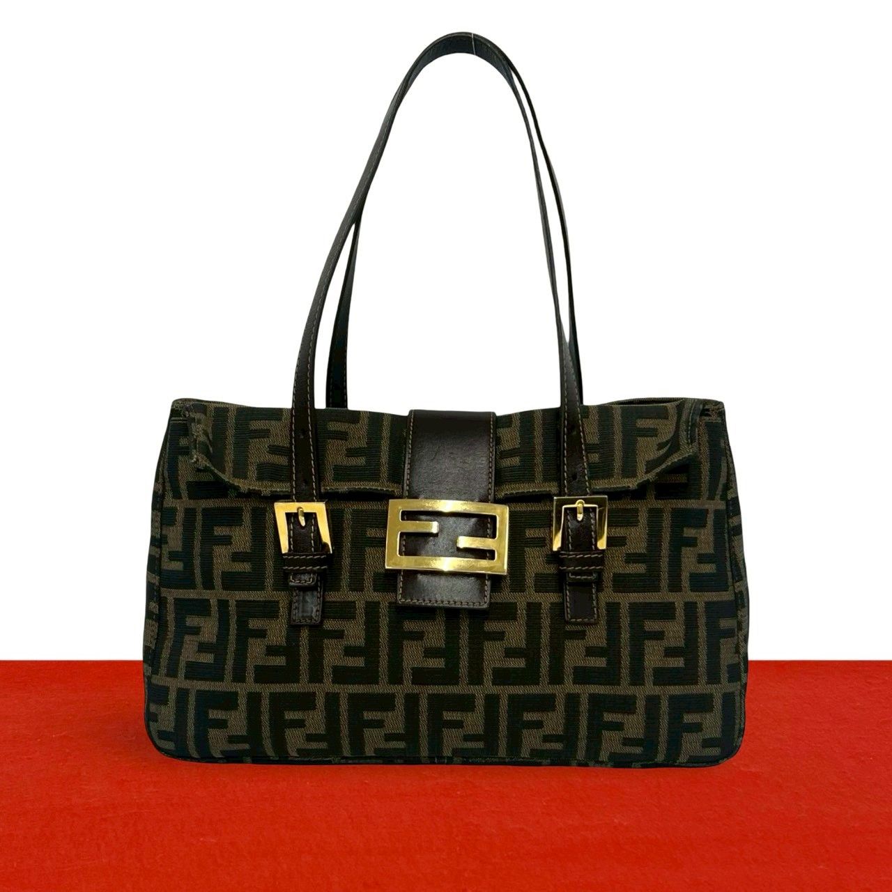 極 美品 FENDI フェンディ ヴィンテージ ズッカ FF ロゴ 柄 金具 キャンバス レザー 本革 ハンドバッグ トートバッグ ブラウン 87023