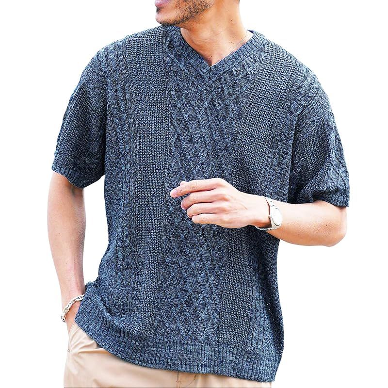 【新品】 [JIGGYS SHOP] ジギーズショップ サマーアランニット｜L Bインディゴ 春服 夏服 サマーセーター トップス 薄手 V U クルー ネック 丸首 無地 ボーダー 半袖 サーフ系 父の日 ドライ シンプル 大人 きれいめ カジュアル