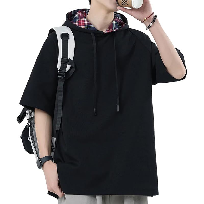 【新品】 [Bligo] メンズ 半袖 綿 tシャツ 夏服 パーカー チェック柄裏地 カジュアル オーバーサイズ ビッグシルエット 無地 オシャレ シンプル フード付き 学院風 涼しい 速乾性 人気 通気性 薄手 ラグランスリーブ 通学 Black-L