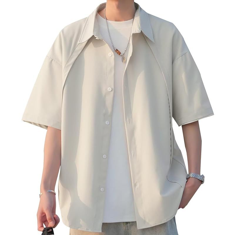 【新品】 [Bligo] メンズ シャツ 半袖 夏服 グレー ファッション ゆったり かっこいい 薄手 カジュアル 快適 無地 通勤 通気性 通学 軽い 柔らかい 普段着 仕事着 ベーシック 速乾性 シンプル 軽量 超街人気 Gray-L