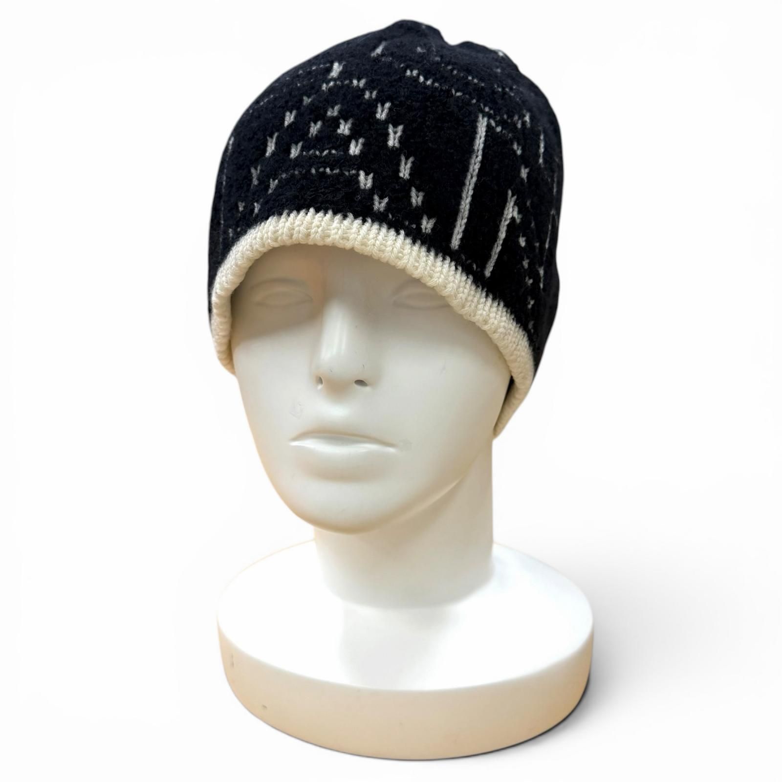 美品★CHANEL シャネル 21K カシミヤ シルク混 ロゴデザイン ニットキャップ 帽子 ブラック アイボリー 英国製 正規品 レディース