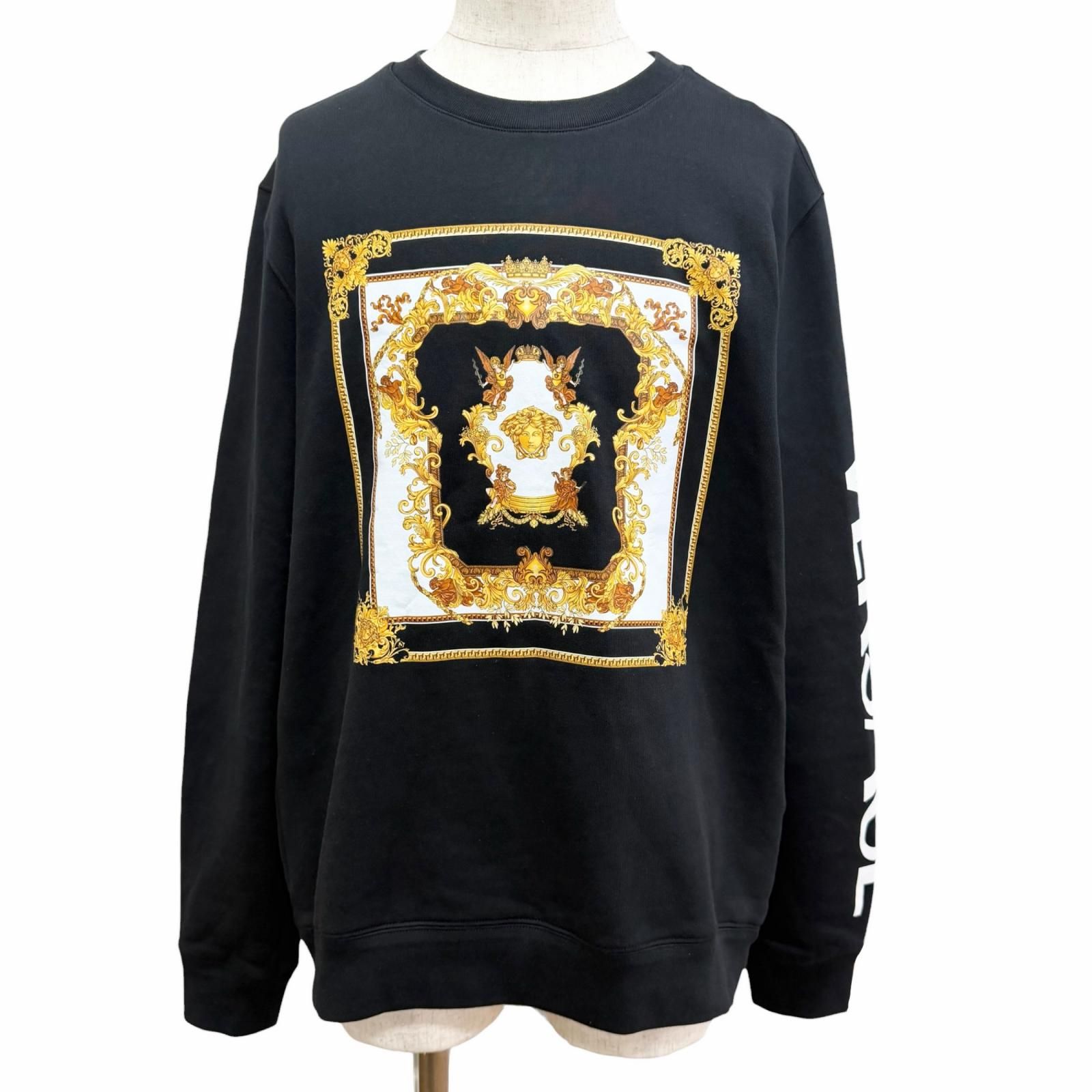 極美品□VERSACE ヴェルサーチ 2022年製 コットン100% メデューサ アームロゴプリント 長袖 トレーナー スウェットシャツ ブラック L 正規品 メンズ