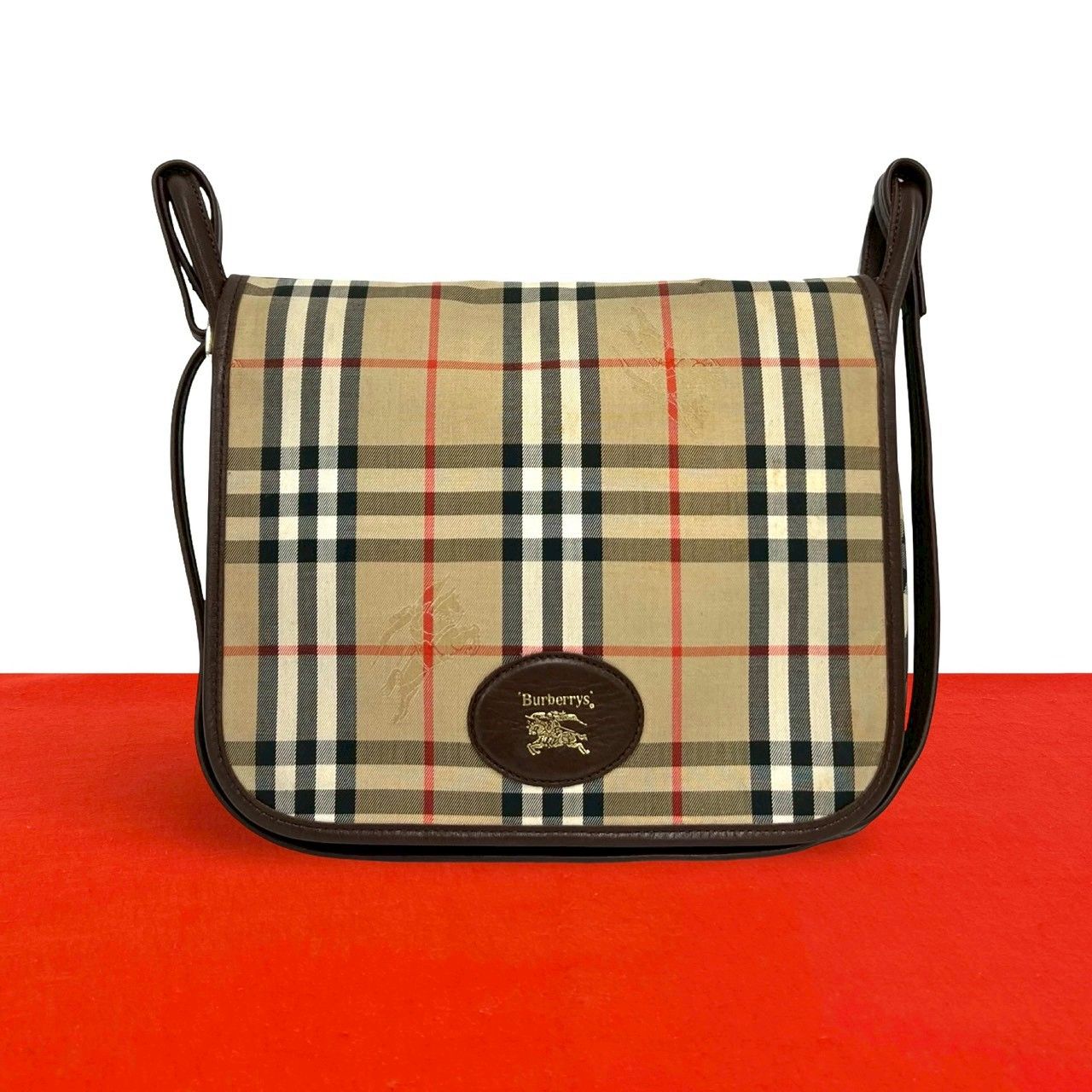極 美品 Burberrys バーバリーズ ノバチェック シャドーホース 柄 キャンバス レザー 本革 ショルダーバッグ ベージュ ブラウン 62695