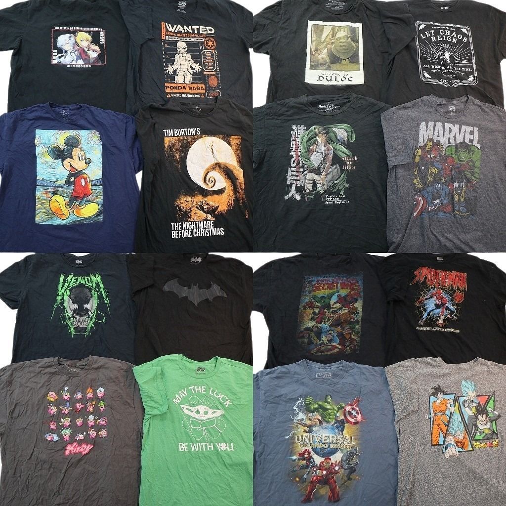 古着卸 まとめ売り キャラクター Tシャツ 16枚セット ( メンズ 2XL ) ドラゴンボール マーベル 進撃の巨人 シュレック 中古 古着 NE8603