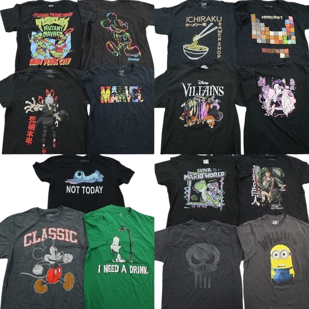 古着卸 まとめ売り キャラクター Tシャツ 15枚セット ( メンズ L ) アメコミ 進撃の巨人 タートルズ ナルト 鬼滅の刃 中古 古着 NE8607