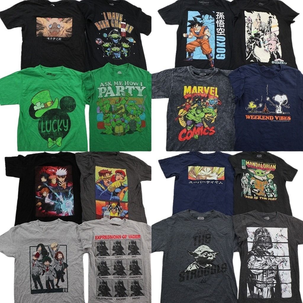 古着卸 まとめ売り キャラクター Tシャツ 16枚セット ( メンズ S ) アメコミ 鬼滅の刃 ドラゴンボール マーベル 中古 古着 NE8616