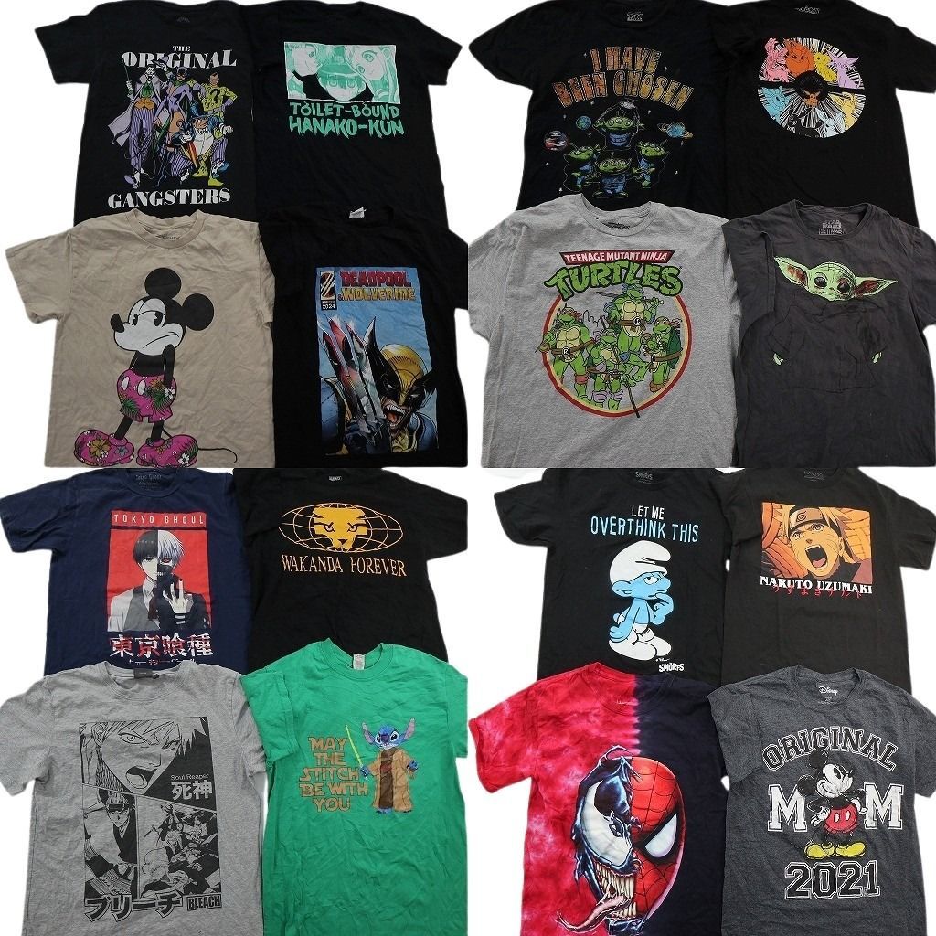 古着卸 まとめ売り キャラクター Tシャツ 16枚セット ( メンズ S ) スマーフ ディズニー ナルト ブリーチ タートルズ 中古 古着 NE8617