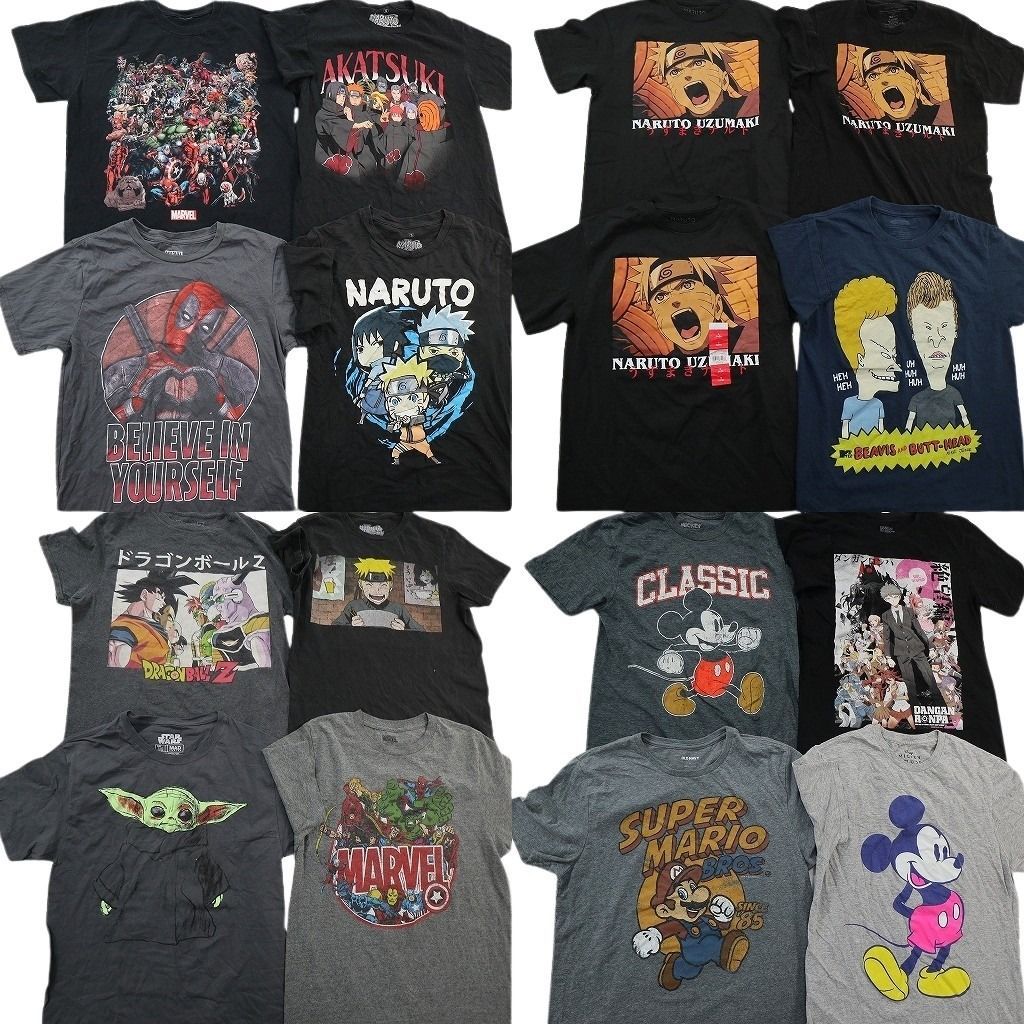 古着卸 まとめ売り キャラクター Tシャツ 16枚セット ( メンズ S ) ナルト マーベル ドラゴンボール スターウォーズ 中古 古着 NE8618