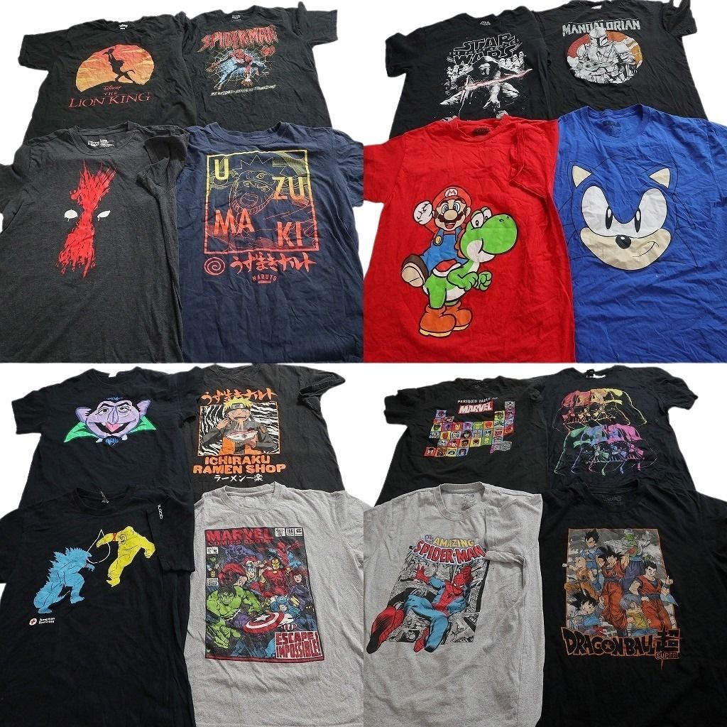 古着卸 まとめ売り キャラクター Tシャツ 16枚セット ( メンズ L ) ナルト スパイダーマン アメコミ ドラゴンボール 中古 古着 NE8683