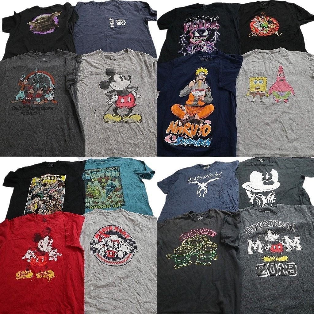 古着卸 まとめ売り キャラクター Tシャツ 16枚セット ( メンズ XL ) ディズニー ヒロアカ マーベル ナルト スポンジボブ 中古 古着 NE8687