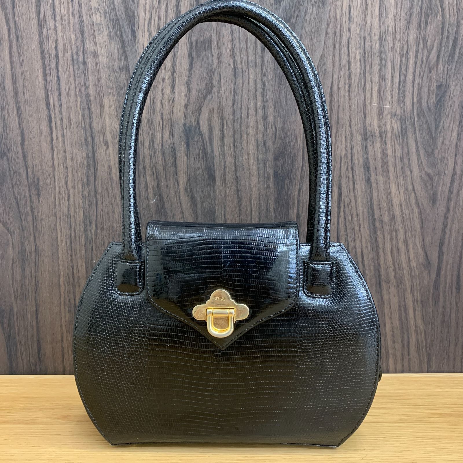 【最高級】Raflo リザード 本革 ハンドバッグ ブラック ゴールド金具