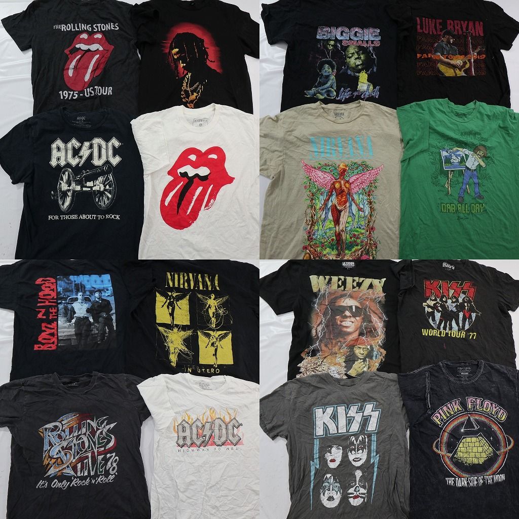 古着卸 まとめ売り 音楽・バンド Tシャツ 16枚セット ( メンズ L ) ローリングストーンズ AC/DC KISS ピンクフロイド 中古 古着 NE8707