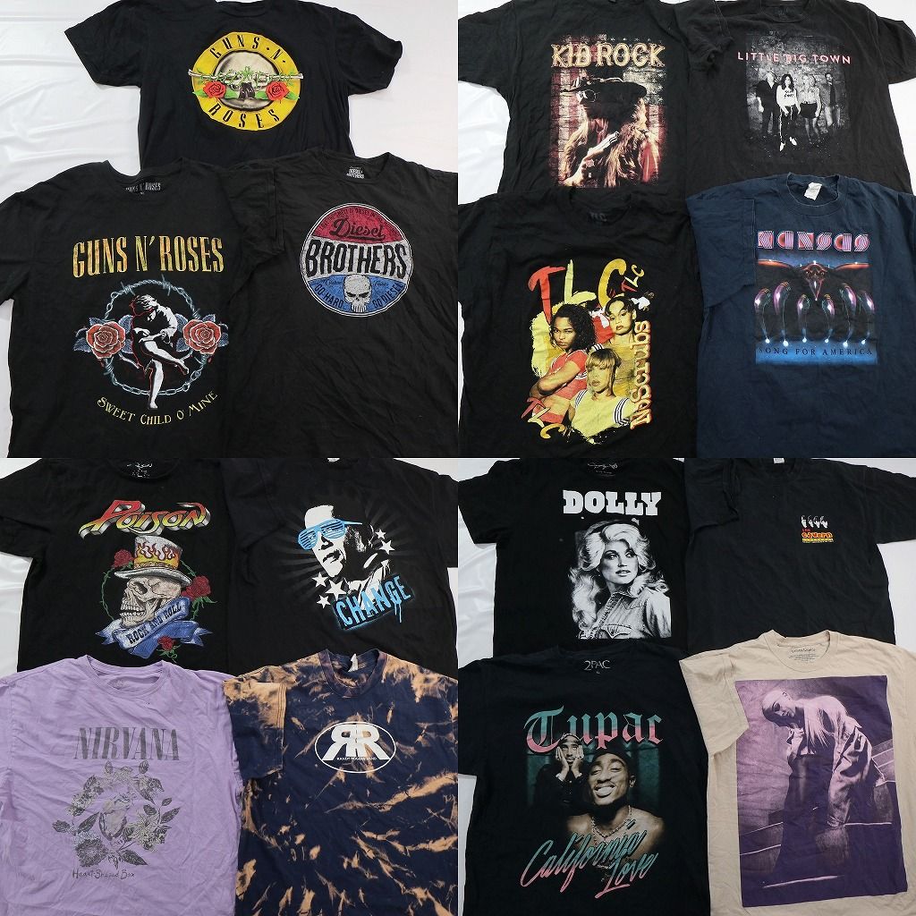 古着卸 まとめ売り 音楽・バンド Tシャツ 15枚セット ( メンズ XL ) 人物 2PAC ポイズン ニルヴァーナ ガンズアンドローゼズ 中古 NE8715