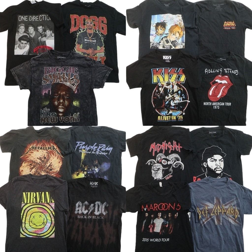 古着卸 まとめ売り 音楽・バンド Tシャツ 15枚セット ( メンズ XS/S ) ニルヴァーナ AC/DC KISS ローリングストーンズ 中古 古着 NE8744
