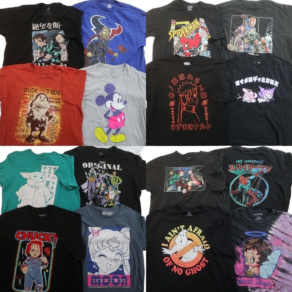 古着卸 まとめ売り キャラクター Tシャツ 16枚セット ( メンズ XL ) 鬼滅の刃 マーベル ホラー映画 チャッキー セーラームーン 中古 NE8759