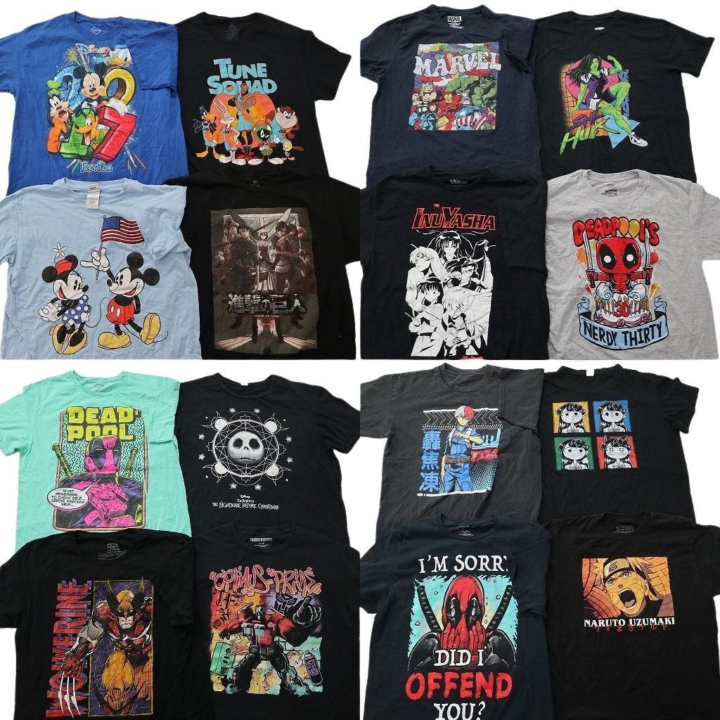 古着卸 まとめ売り キャラクター Tシャツ 16枚セット ( メンズ L ) 進撃の巨人 ナルト 犬夜叉 マーベル ディズニー 中古 古着 NE8762