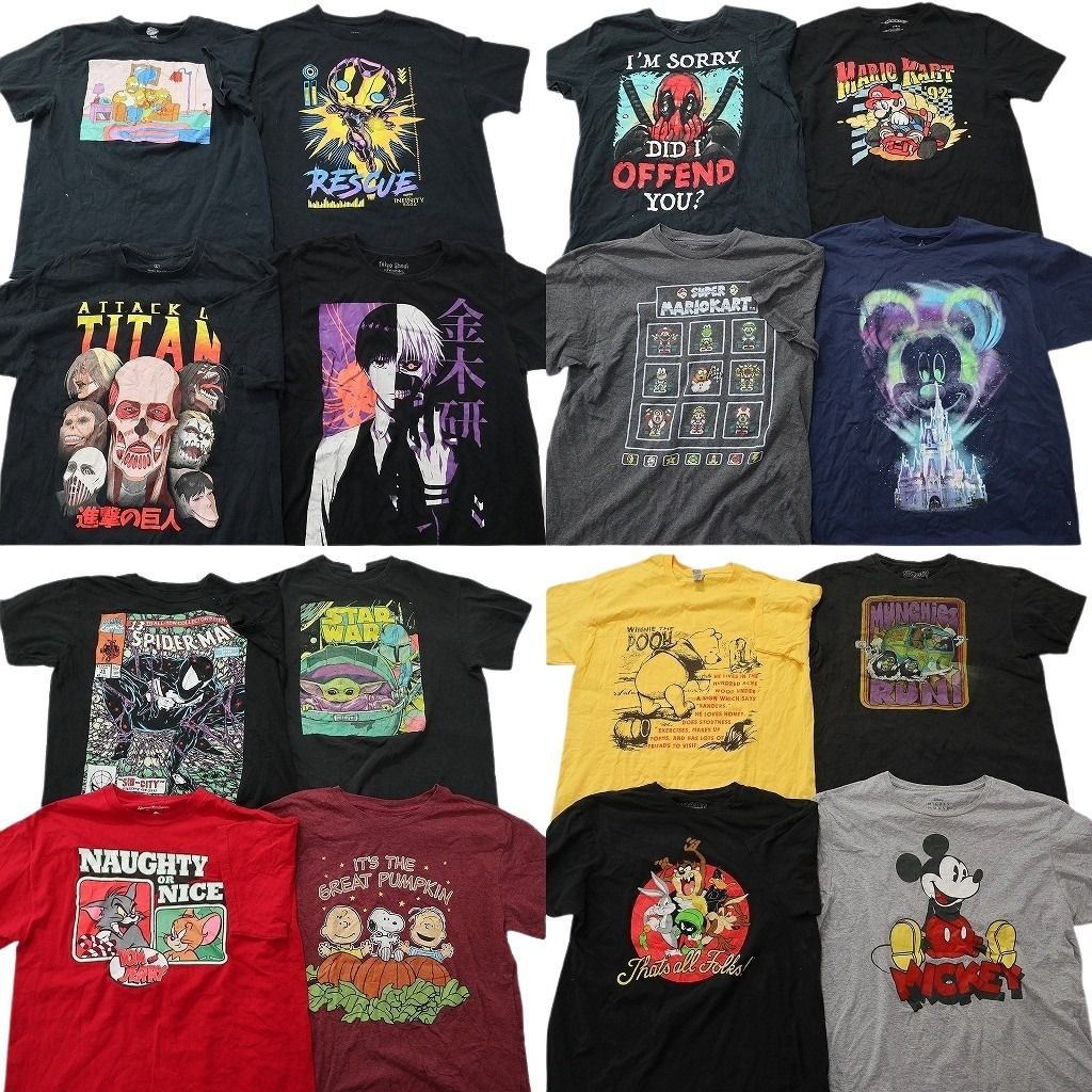 古着卸 まとめ売り キャラクター Tシャツ 16枚セット ( メンズ L ) 進撃の巨人 シンプソンズ ディズニー マリオ 中古 古着 NE8763