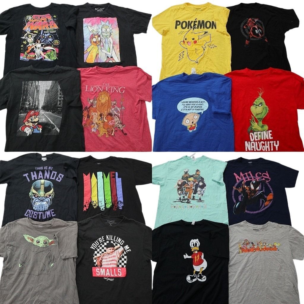 古着卸 まとめ売り キャラクター Tシャツ 16枚セット ( メンズ L ) スターウォーズ ナルト ポケモン マーベル 中古 古着 NE8765