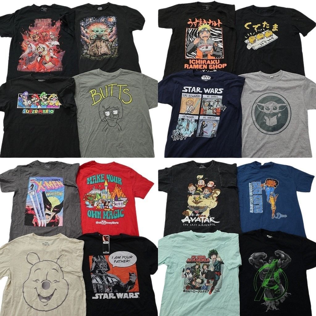 古着卸 まとめ売り キャラクター Tシャツ 16枚セット ( メンズ M ) ヒロアカ ディズニー スターウォーズ ナルト 中古 古着 NE8767
