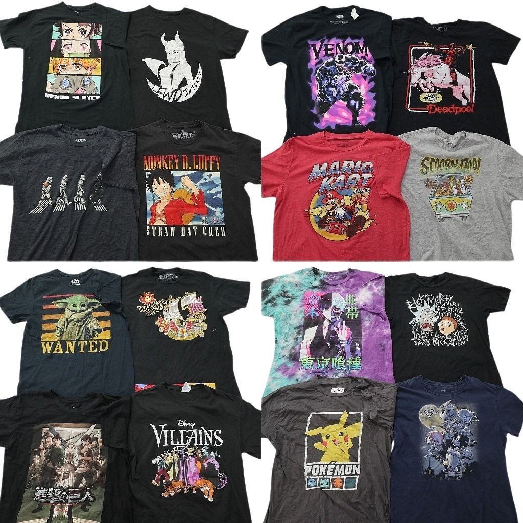古着卸 まとめ売り キャラクター Tシャツ 16枚セット ( メンズ M ) ワンピース 鬼滅の刃 ポケモン 進撃の巨人 中古 古着 NE8768