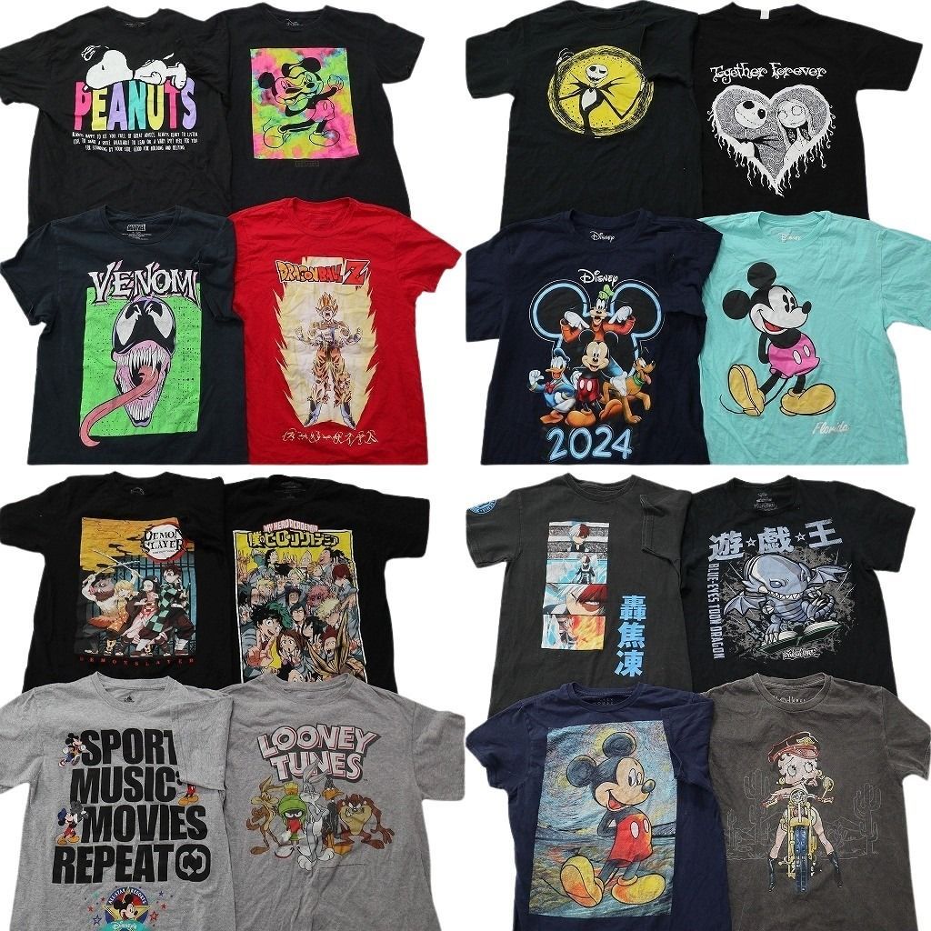 古着卸 まとめ売り キャラクター Tシャツ 16枚セット ( メンズ S ) ディズニー ドラゴンボール 遊戯王 ヒロアカ 中古 古着 NE8772