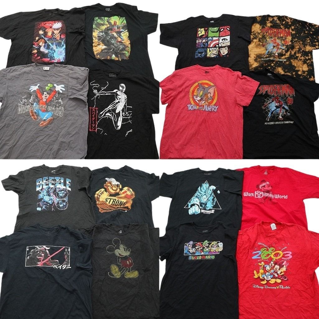 古着卸 まとめ売り キャラクター Tシャツ 16枚セット ( メンズ 2XL ) スパイダーマン 呪術廻戦 ドラゴンボール ディズニー 中古古着 NE8782