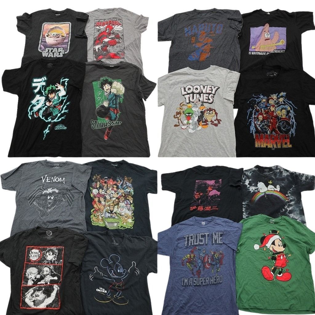 古着卸 まとめ売り キャラクター Tシャツ 16枚セット ( メンズ L ) スターウォーズ ヒロアカ 鬼滅の刃 ディズニー マーベル 中古 NE8793