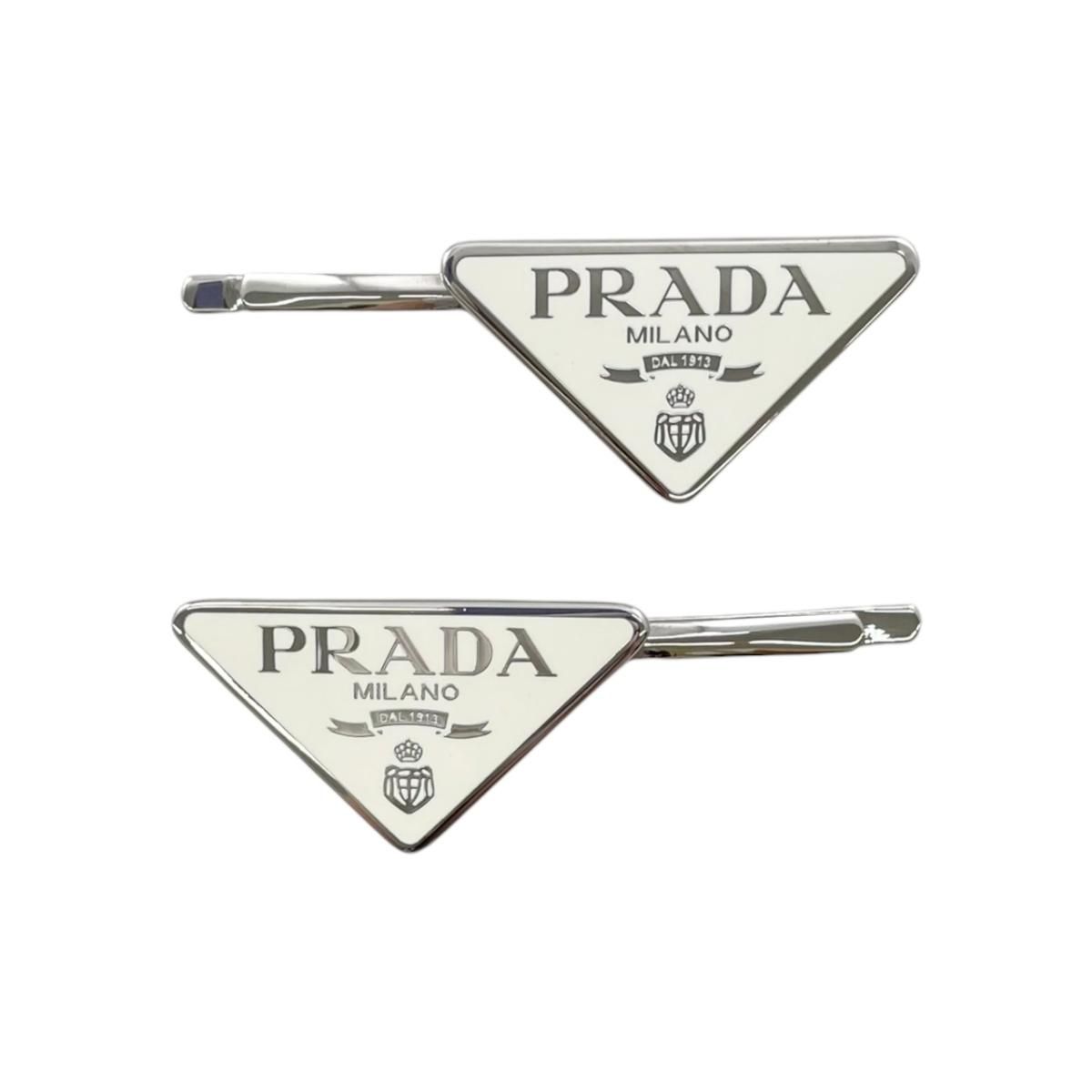☆プラダ ヘアピン トライアングルロゴ 1IF051 メタル ホワイトベージュ シルバー PRADA