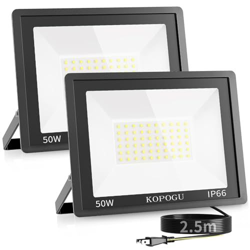 LED 投光器 2個セット【50Ｗ超高輝度・2.5ｍコード・超薄型】アルミ製 屋外 ライト 角度自由調整 5000LM 昼光色 6500K 豪雨対応 IP66防水 省エネ 屋外 バーベキュー ガレージ カーポート 夜間工事 玄関 照明 ライト c776ff65