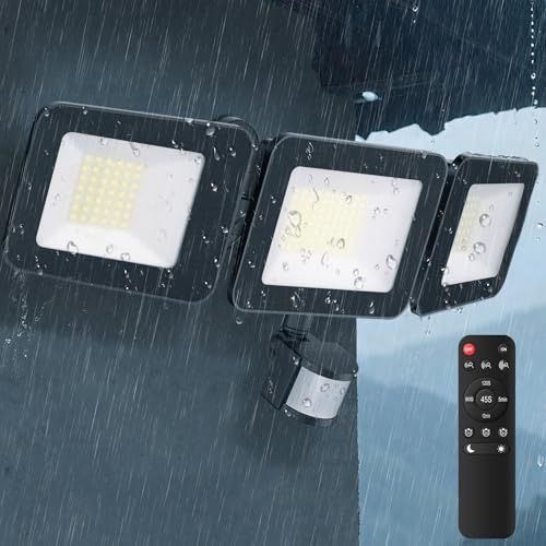 CLY センサーライト 屋外 LED投光器 100W 昼白色 6500K 超爆光 3灯式 10000LM IP66防水 コンセント式 人感 LEDライト【2025年最新改良 3面発光 リモコン操作 常時点灯機能 本体センサー部もモード調整可能 38d7a17b