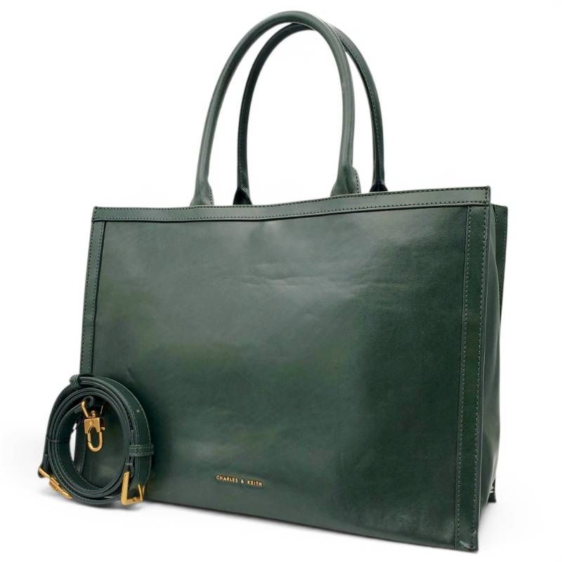 CHARLES&KEITH チャールズアンドキース ショルダーバッグ トートバッグ 2way エクストララージ 合皮 ダークグリーン 緑 斜め掛け クロスボディ A4収納可能 通勤通学 ビジネス