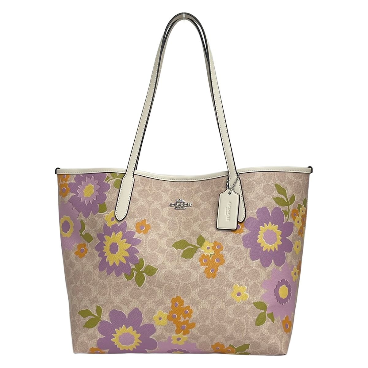 COACH(コーチ) トートバッグ美品 - CBG71 ベージュ×ライトパープル×マルチ フローラルプリント レザー