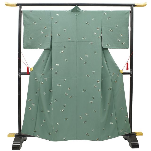 新古品】小紋 着物 袷 未使用 正絹 緑 グリーン 干支 十二支 くすみ