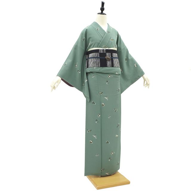 新古品】小紋 着物 袷 未使用 正絹 緑 グリーン 干支 十二支 くすみ