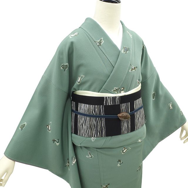 高級 小紋 単衣 正絹 ちりめん 十二支 グリーン 濃緑色 約30万円 新古品】小紋 着物 袷 未使用 正絹 緑 グリーン 干支 十二支 くすみ