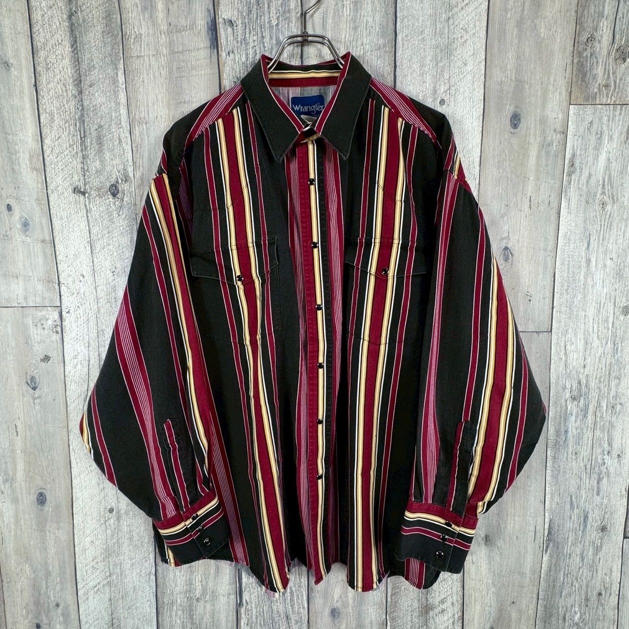 OLD Wrangler 90s ラングラー WESTERN SHIRTS ブラック × レッド × イエロー 長袖 ストライプ ウエスタン コットン シャツ