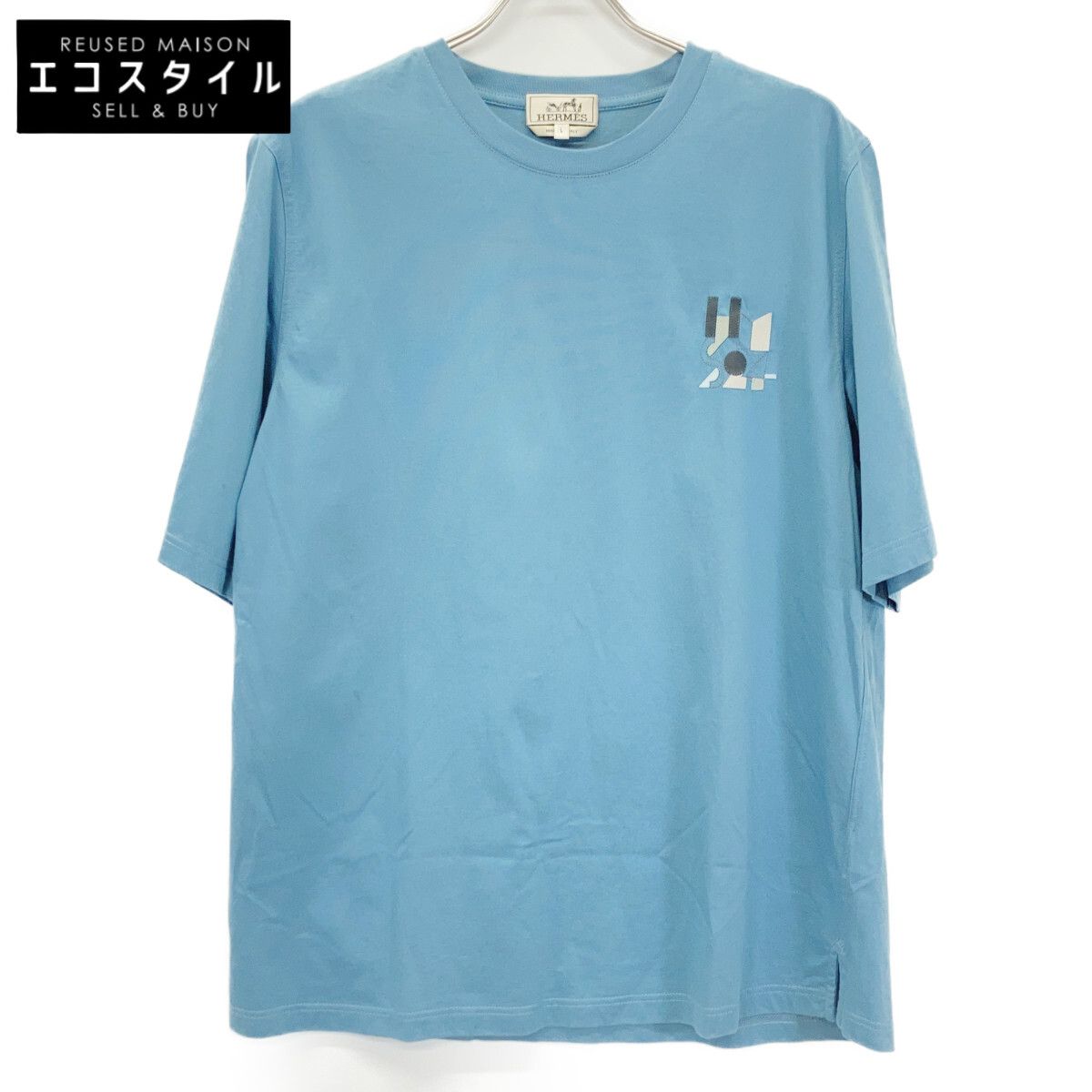 HERMES　エルメス　ブルー 胸元刺繍 半袖Tシャツ　L