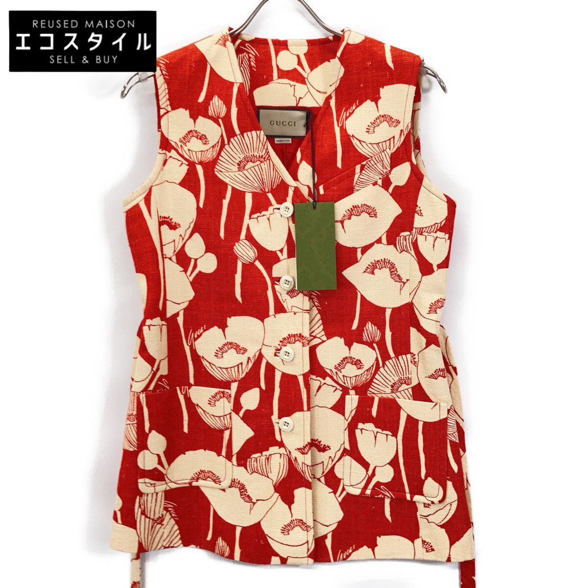 GUCCI　グッチ　652265 21年 レッド シルク100 ポピーフラワー ジャガードジレベスト　38