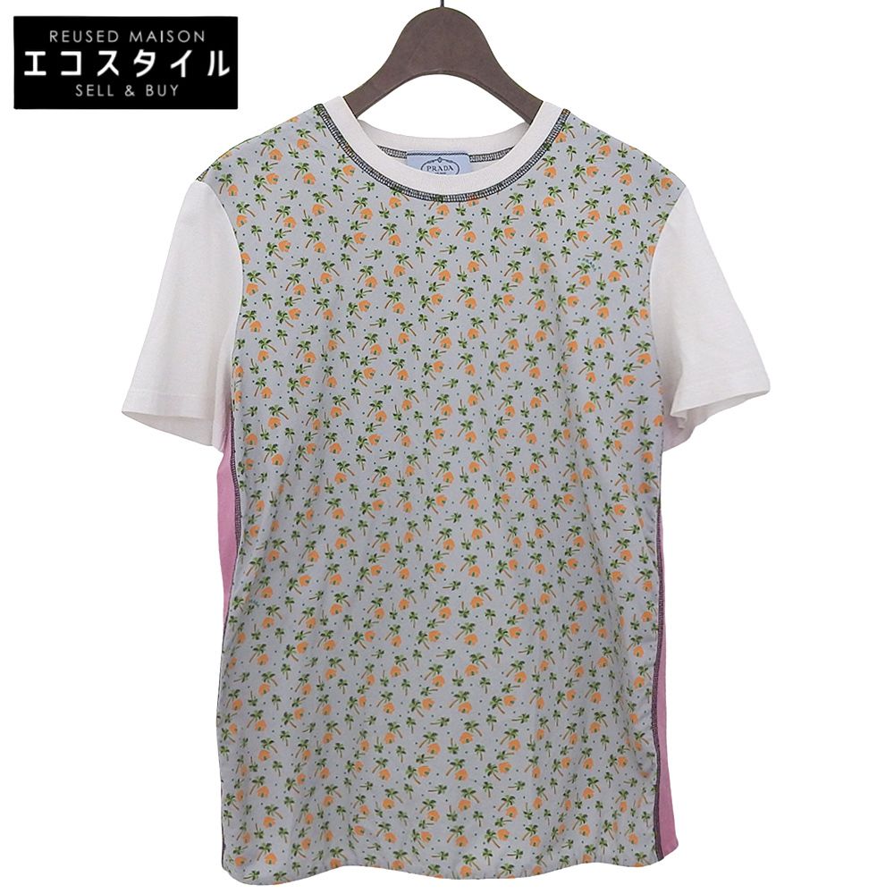 PRADA　プラダ　コットン 総柄 切り替えショートスリーブカットソー トップス レディース ホワイト×ブルー×ピンク XS　XS