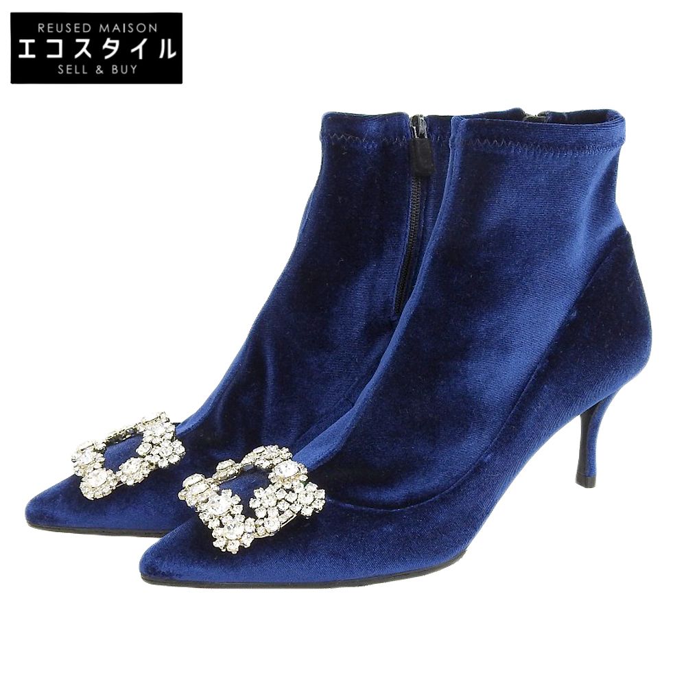 Roger Vivier ロジェヴィヴィエ 新品同様 ビジュークリスタル フラワーストラスバックル ベルベット サイドジップ ヒールブーツ 36 1/2 36.5