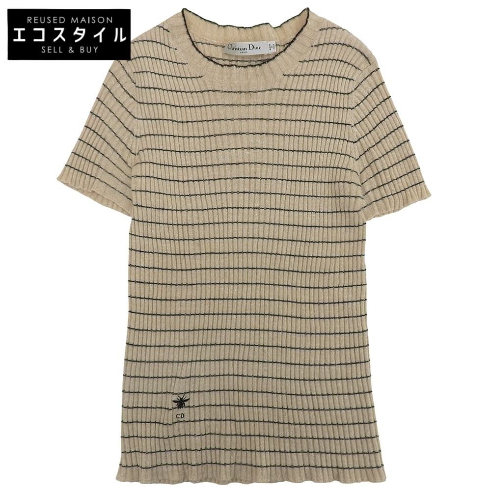 DIOR　ディオール　Bee刺繍 リネン×カシミヤ ショートスリーブ ボーダー ニットソー レディース ベージュ 38 124S24AM126　38