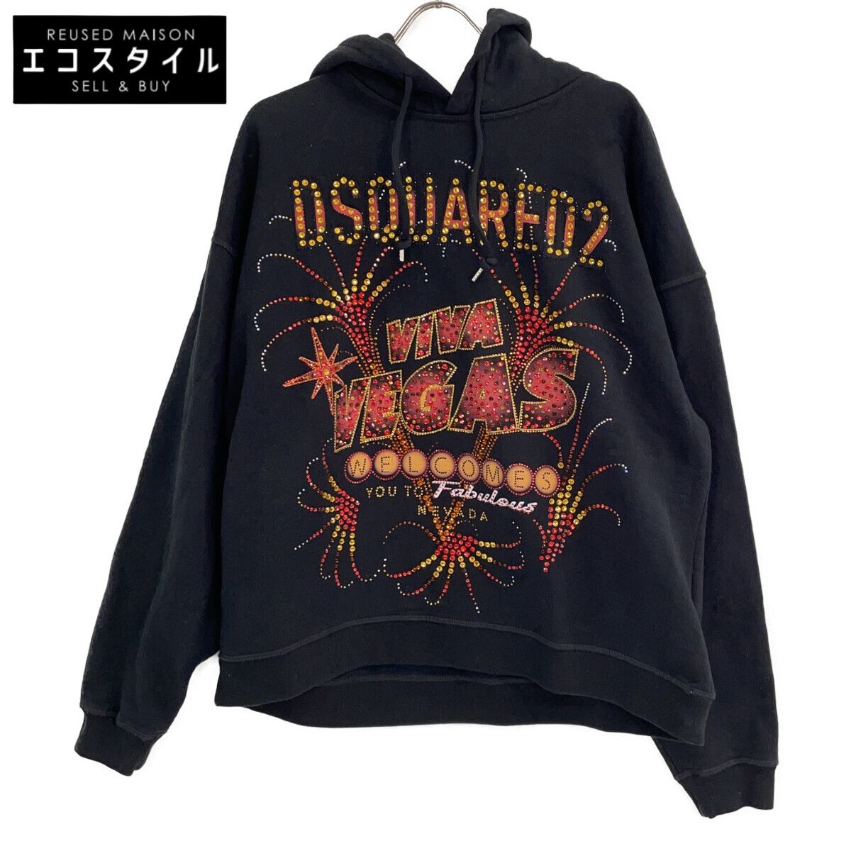 DSQUARED2　ディースクエアード　S74GU0648 22年 ブラック ラインストーンプリント プルオーバーパーカ　S