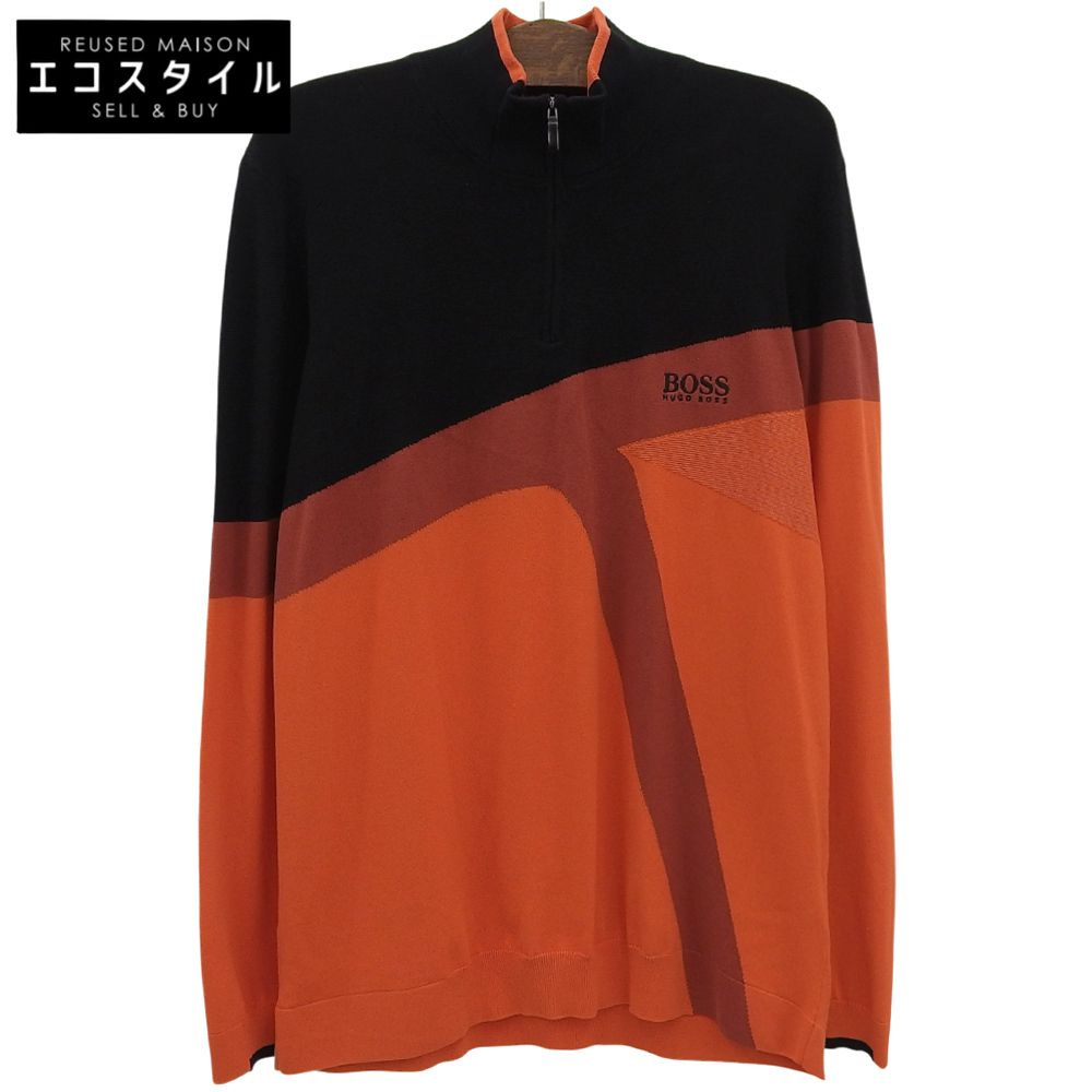 BOSS　ボス　新品同様 コットン混 ハーフシップ セーター トップス メンズ ブラック×オレンジ XXL　XXL